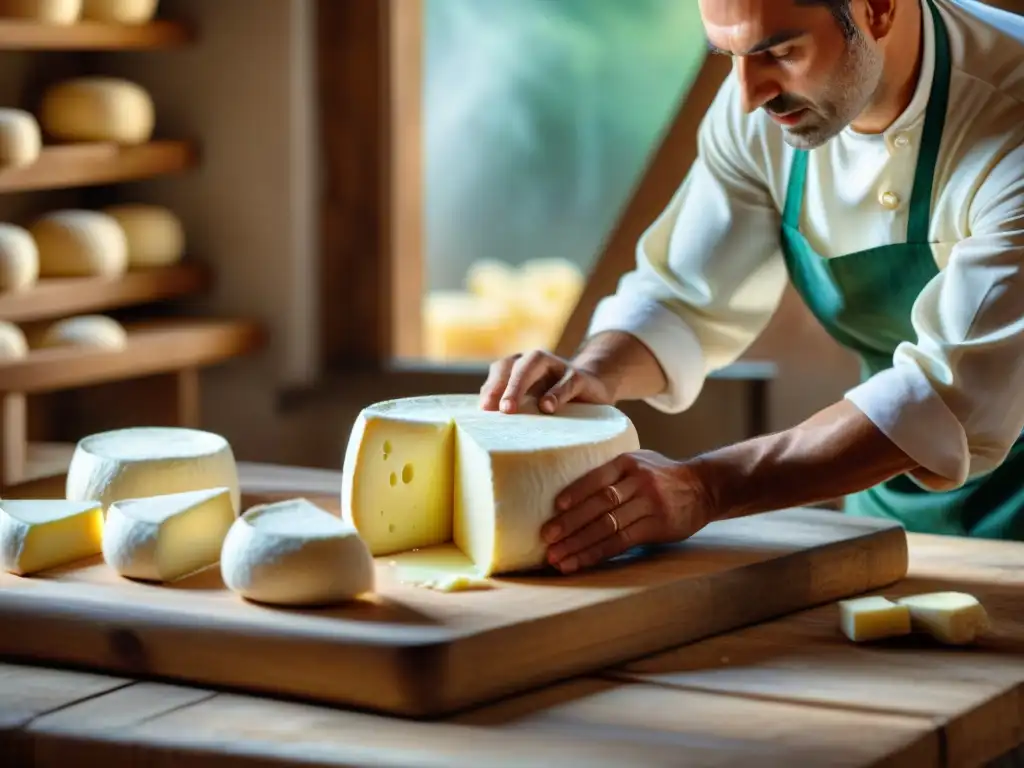 Detalle artesanal de estirar mozzarella en taller de queso italiano