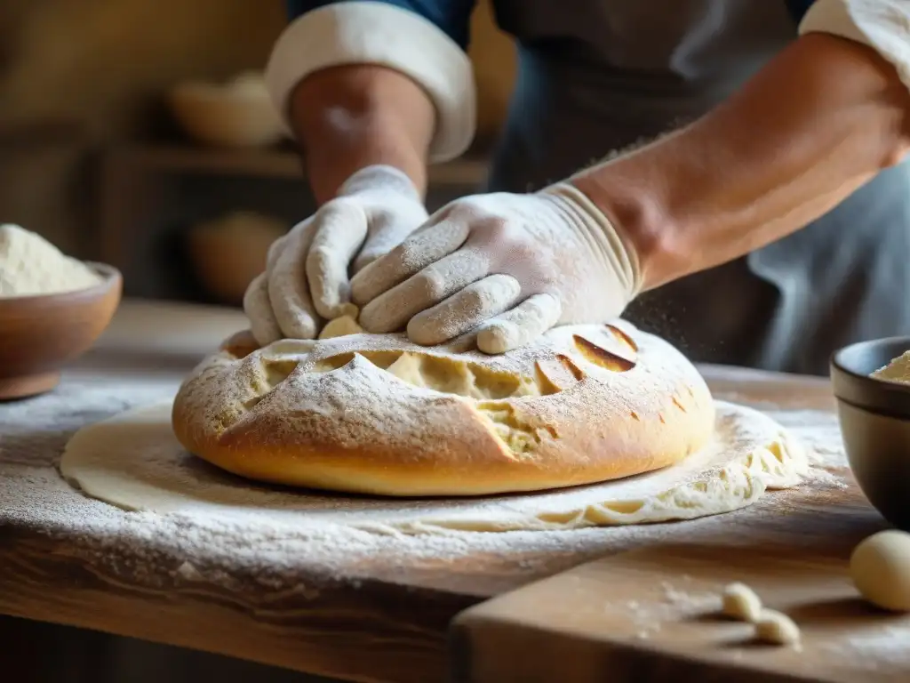 Detalle artesanal de un panadero amasando masa de Pane di Matera, resaltando historia y sabor del pan italiano