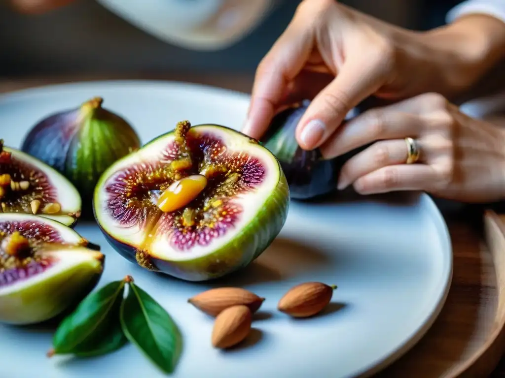 Detalle artesanal de relleno de higos frescos con almendras, miel y especias para receta auténtica pan higo italiano