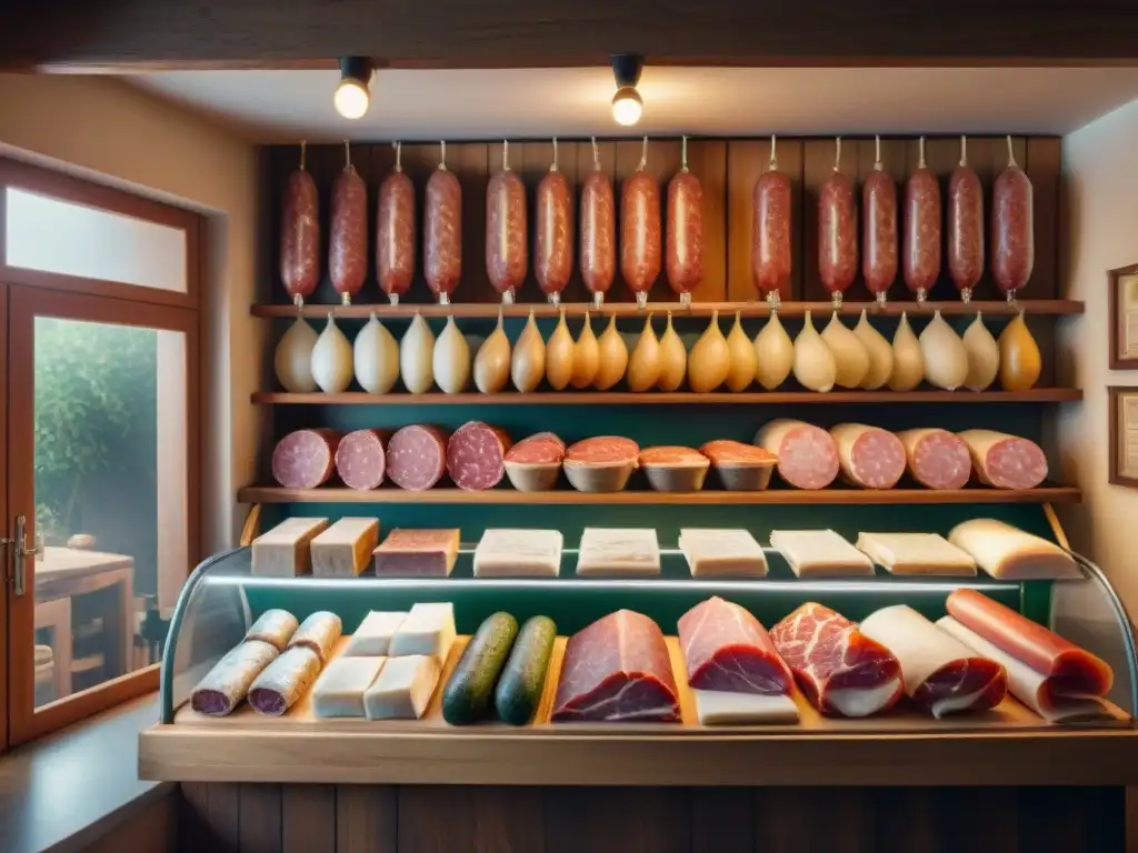 Detalle artesanal de una tienda italiana con conservación de carnes italianas tradicionales, resaltando texturas y presentación