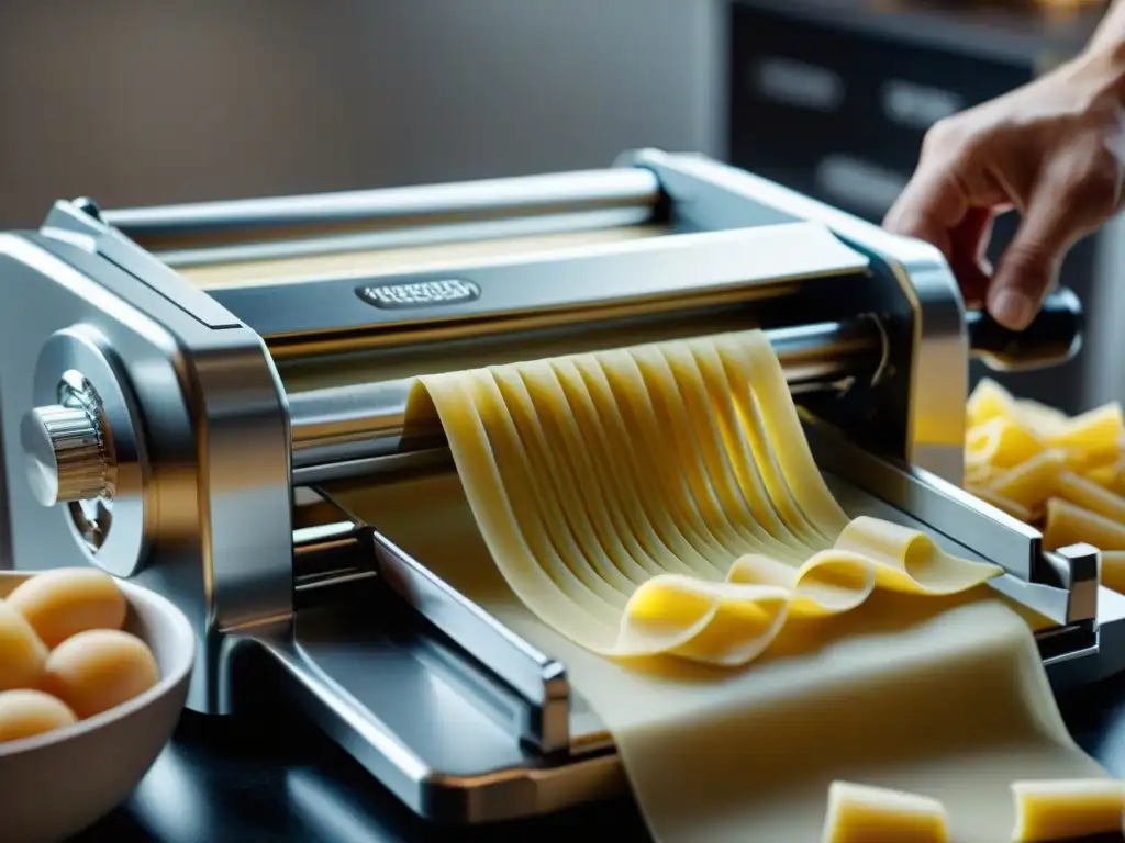 Detalle de la precisión y artesanía en una laminadora y cortadora de pasta, uno de los mejores electrodomésticos para pasta fresca