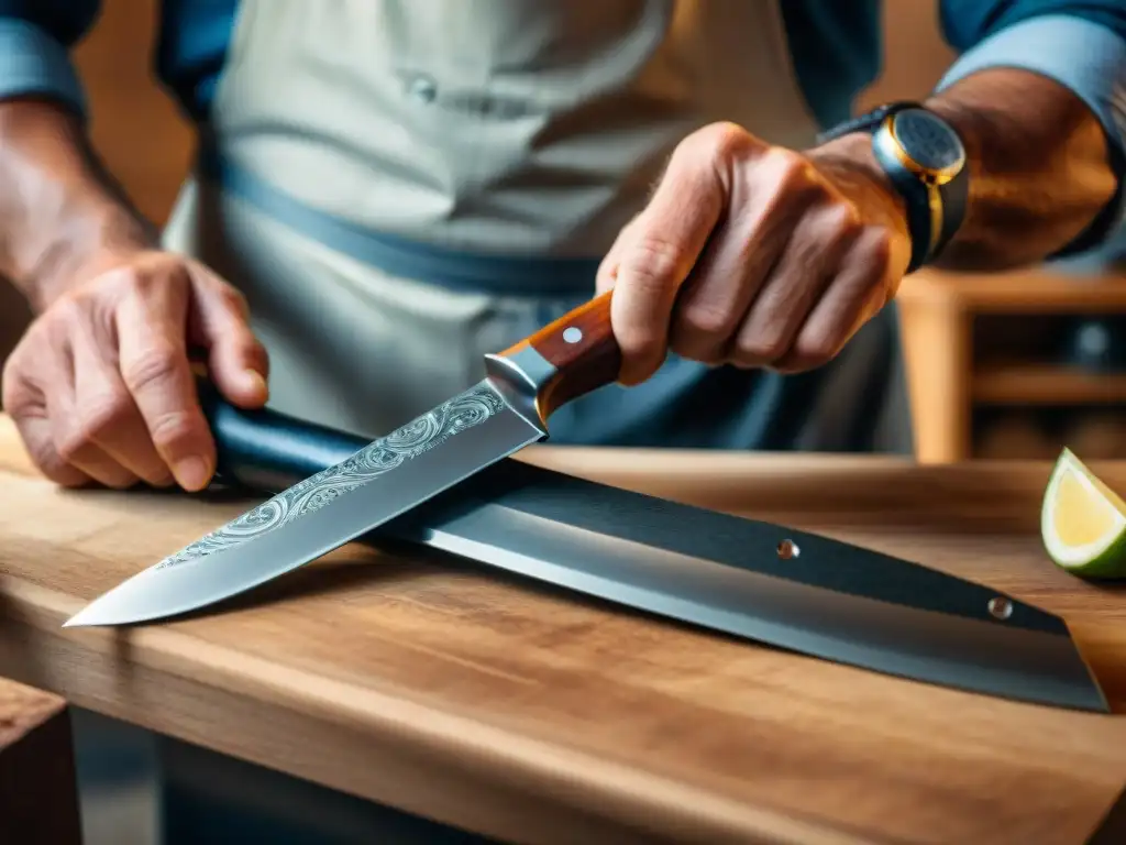 Detalle del artesano italiano creando un cuchillo de cocina tradicional