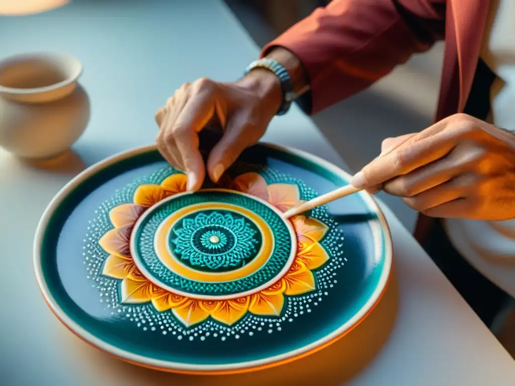 Artesano italiano pintando plato de cerámica con diseños tradicionales Detalle de artesano italiano pintando diseños tradicionales en plato de cerámica, mostrando la influencia cerámica artesanía cocina italiana