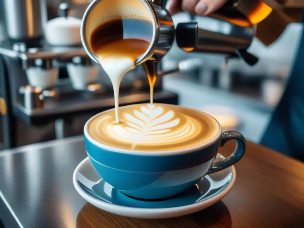 Detalle artístico: barista crea diseño latte sobre espresso