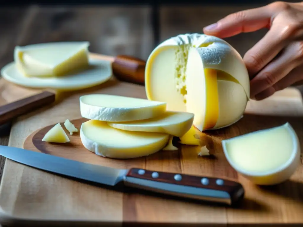 Detalle auténtico: Mozzarella di Bufala cortada revela su textura cremosa y frescura, con gotas de suero