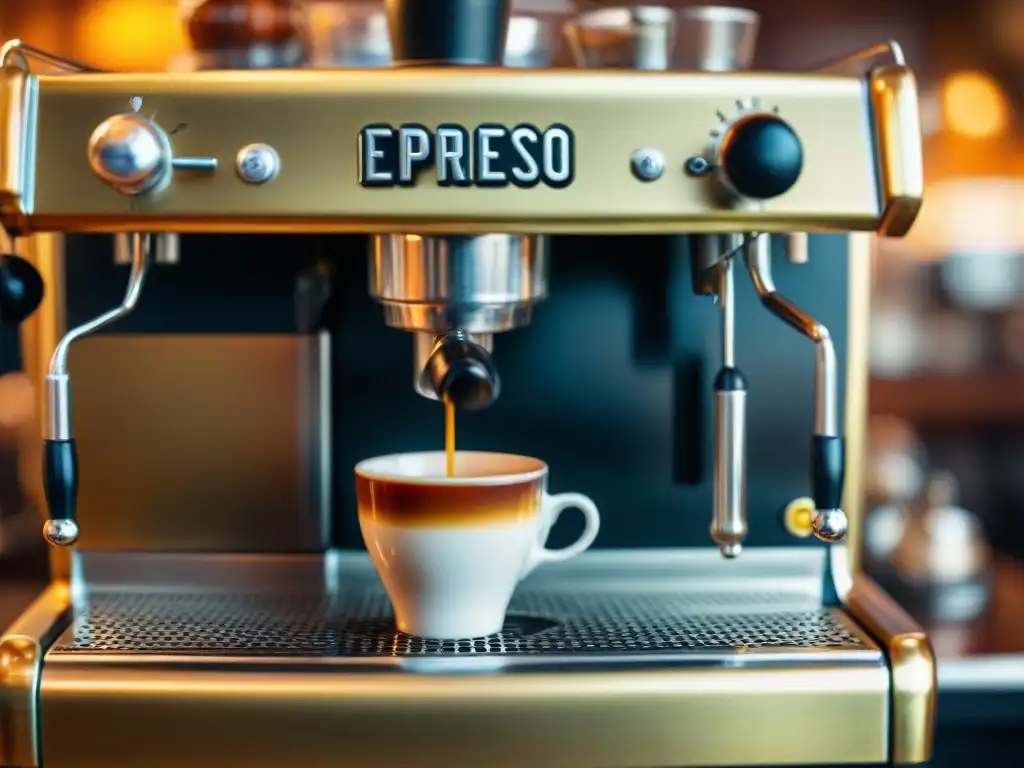 Detalle de una cafetera vintage en una histórica cafetería italiana, evocando la cultura del café en Italia