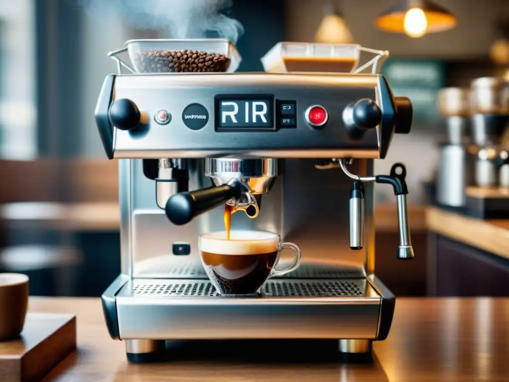 Detalle de una cafetería tradicional en Turín con una máquina de espresso, barista preparando café y ambiente acogedor