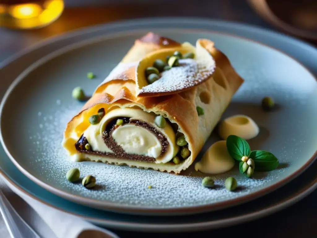 Detalle de un cannoli siciliano recién horneado con ricotta, pistachos y chocolate