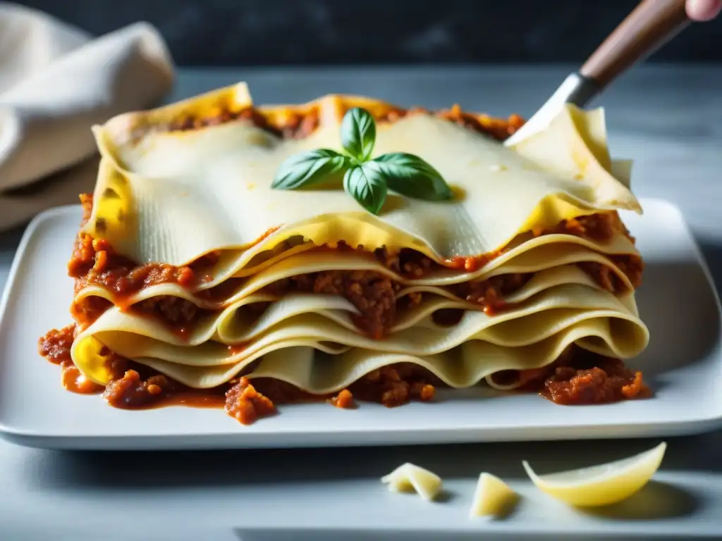 Detalle de capas de pasta fresca sobre salsa de ragú en receta auténtica lasaña italiana