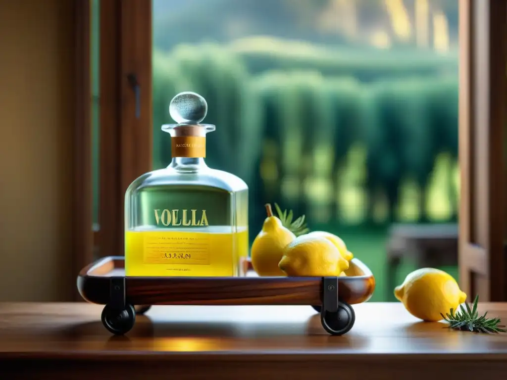 Detalle de carrito de bar de madera con Limoncello y limones frescos en campo italiano