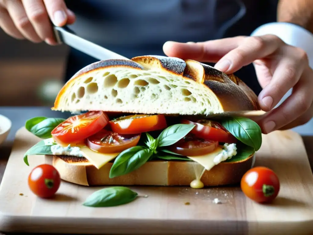 Detalle de chef armando un auténtico Receta Pane Cunzato Siciliano, resaltando capas de ingredientes vibrantes en tabla de madera