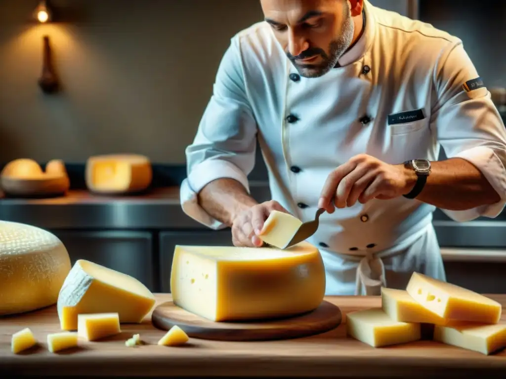 Detalle de un chef italiano inspeccionando queso Parmigiano Reggiano con lupa