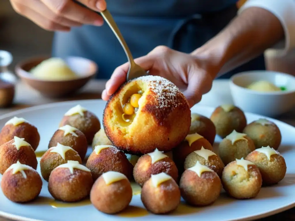 Detalle de chef local formando arancini sicilianos, receta tradicional con risotto y ragú, colores vibrantes y vapor