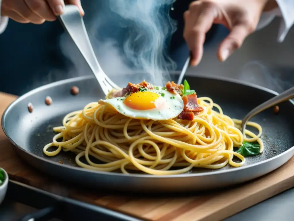 Detalle de un chef mezclando spaghetti con panceta, huevo y queso pecorino para crear una carbonara cremosa