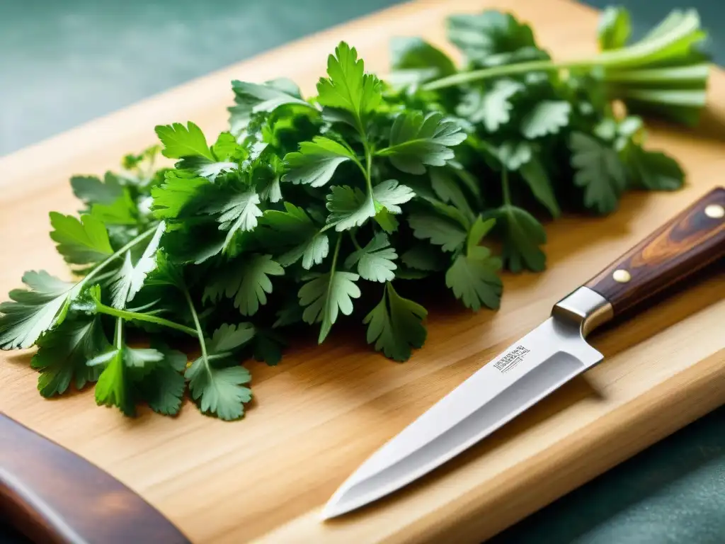 Detalle de cilantro fresco picado en tabla de cocina rústica con cuchillo italiano vintage