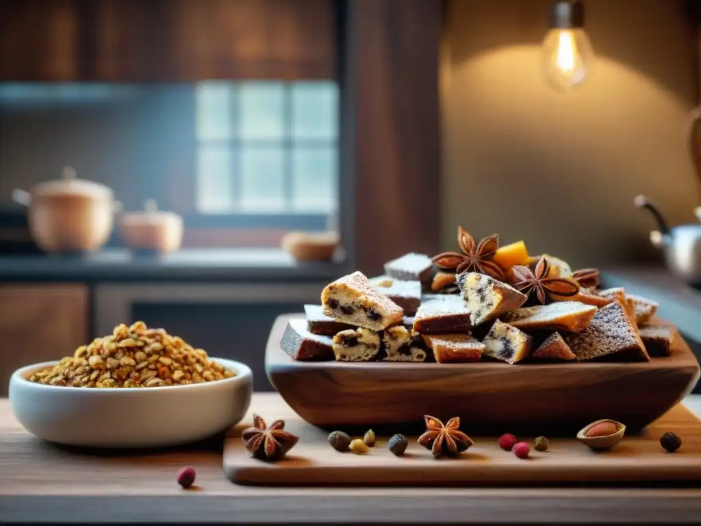 Detalle de una cocina toscana tradicional con mesa de madera rústica decorada con especias y nueces