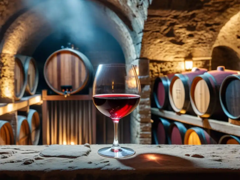 Detalle de una copa elegante con vino tinto en bodega subterránea iluminada, evocando cenas exclusivas en bodegas con sommeliers de renombre