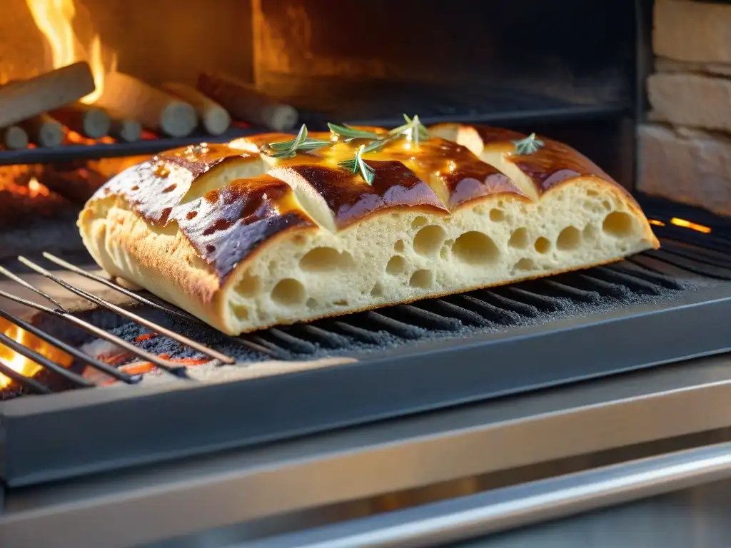 Detalle de la crujiente corteza dorada de una focaccia recién horneada en horno de leña