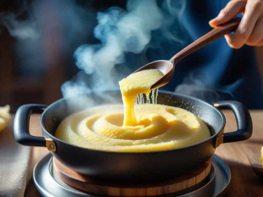 Detalle de cuchara de madera removiendo polenta cremosa en olla humeante