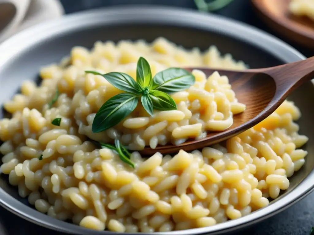 Detalle de cuchara de madera revolviendo risotto cremoso al queso en sartén clásica