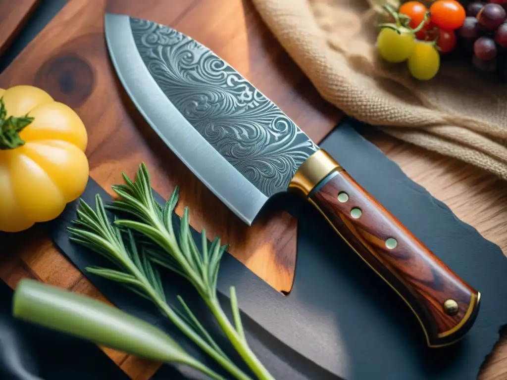 Detalle de cuchillo de chef italiano con acero de Damasco y mango de madera en cocina rústica