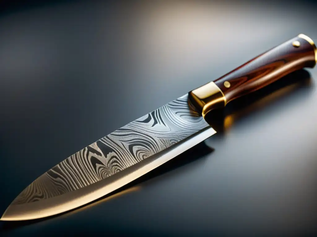 Detalle de cuchillo de chef italiano de alta gama con hoja de acero de Damasco y mango de madera oscura y latón