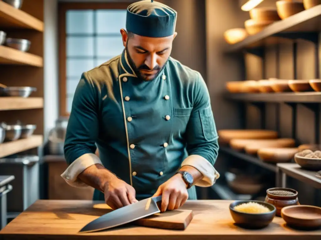 Detalle de cuchillo de chef italiano siendo afilado por artesano en taller tradicional