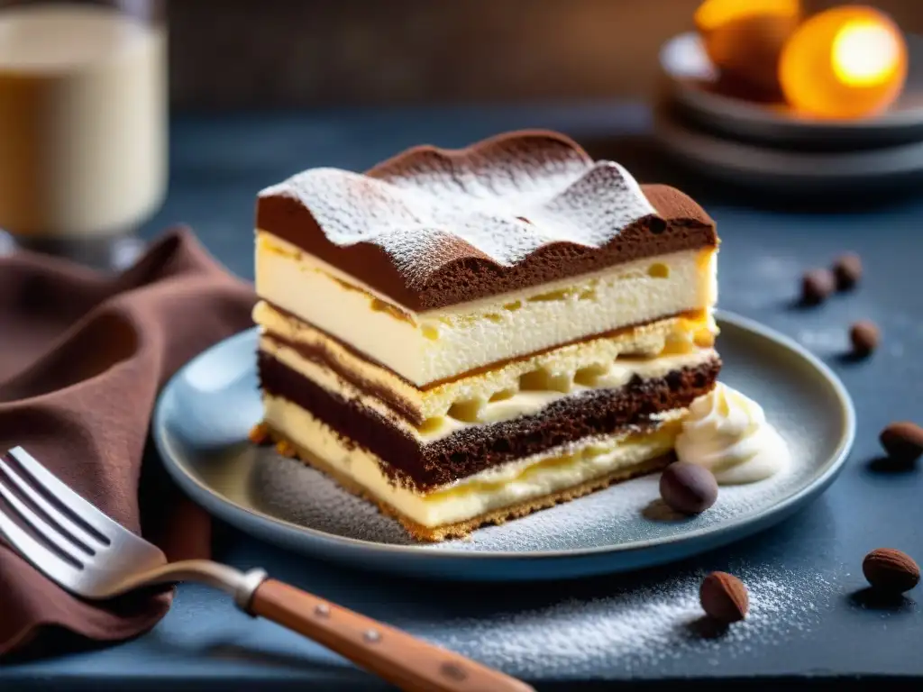 Detalle de un delicioso tiramisú recién preparado en una cocina italiana tradicional