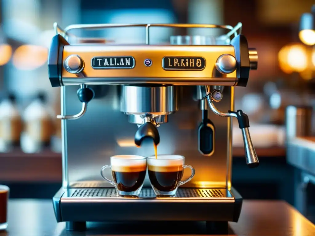 Detalle del espresso italiano fluyendo de una máquina vintage en un café italiano acogedor