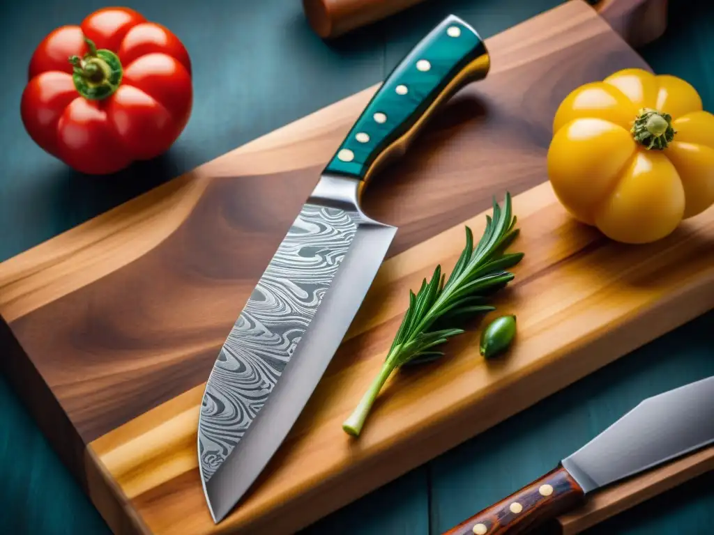 Detalle excepcional de cuchillo chef italiano de acero Damasco en tabla madera rústica