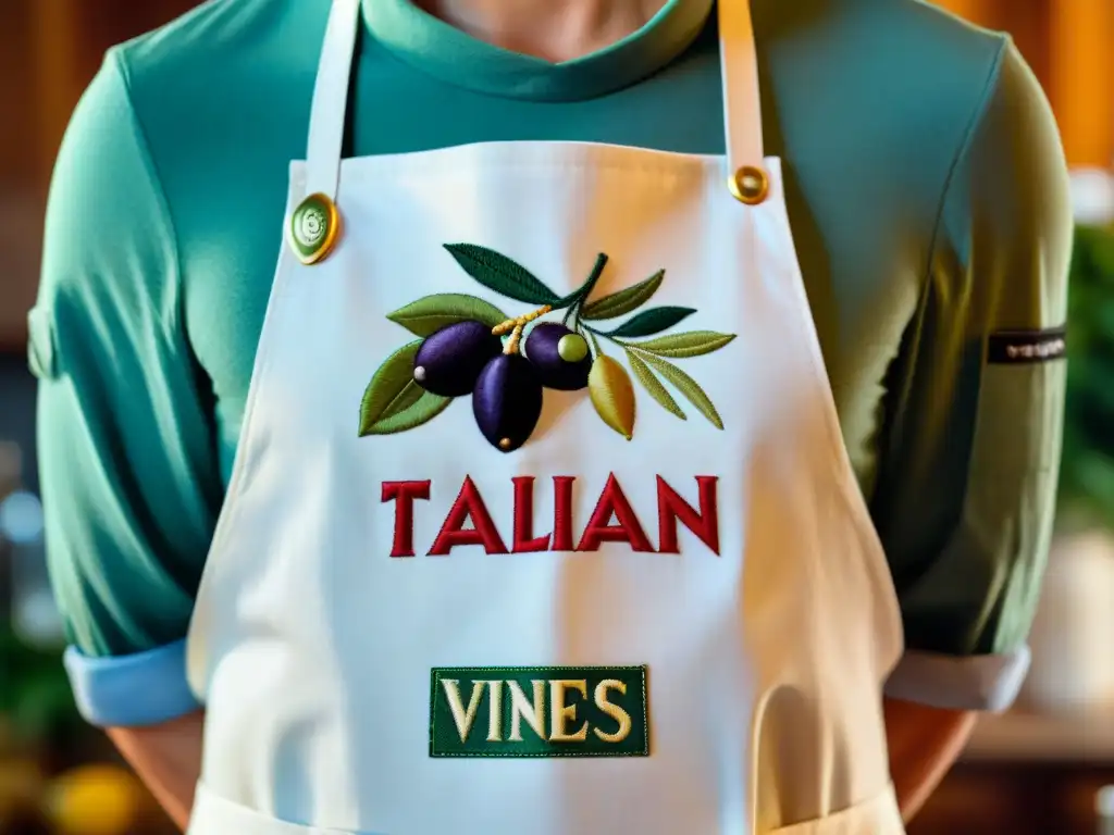 Detalle excepcional del delantal de chef personalizado con motivos italianos en una cocina bulliciosa