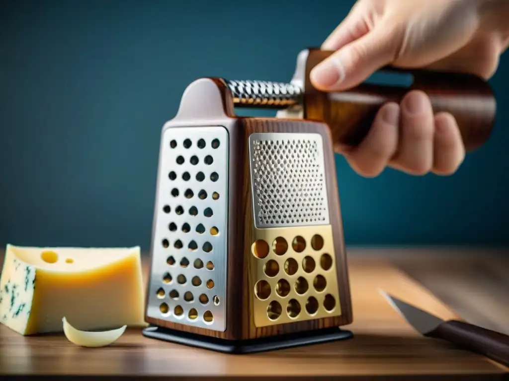 Detalle excepcional del mango de un rallador de queso italiano, resaltando su artesanía y elegancia