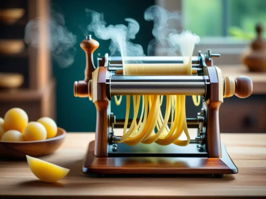 Detalle excepcional de una máquina de pasta artesanal, reflejando la tradición y calidad de los utensilios de cocina italiana imprescindibles