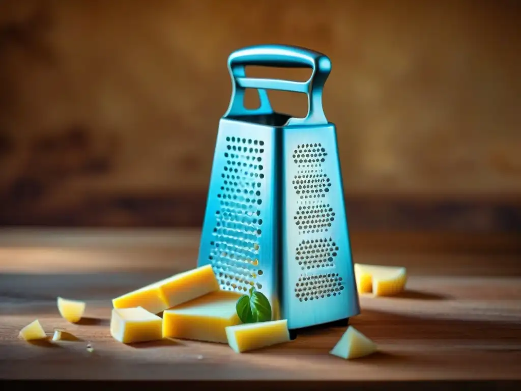 Detalle excepcional de rallador de queso italiano personalizado con grabados de viñedos y ruedas de queso