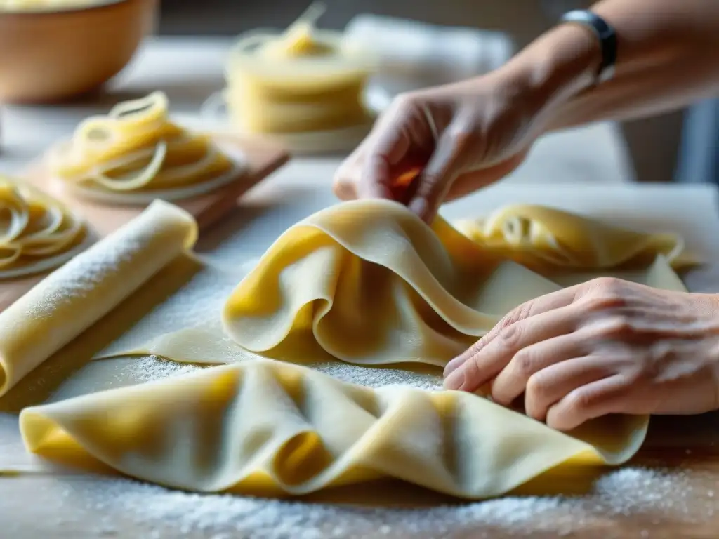 Detalle experto de manos creando ravioli con masa fresca, mostrando la artesanía de la pasta casera