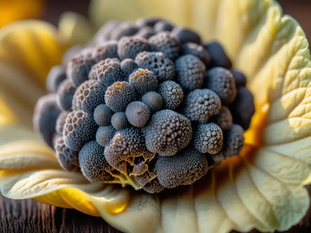 Detalle de una exquisita trufa negra recién raspada, con patrones y texturas únicas, iluminación natural resaltando sus tonos terrosos