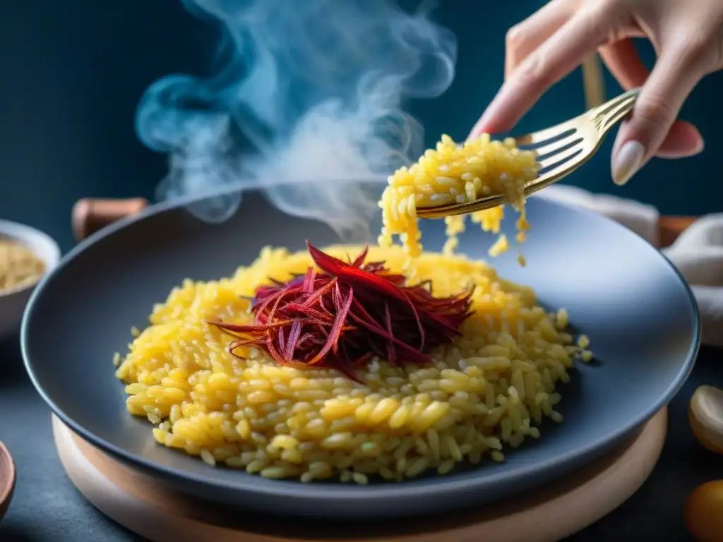 Detalle exquisito de azafrán en risotto alla milanese, fusionando lujo y arte culinario