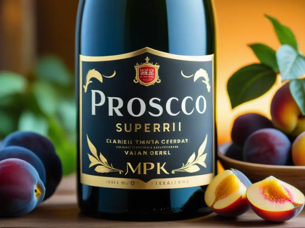 Detalle exquisito de botella de Prosecco Superiore DOCG rodeada de ingredientes frescos italianos, evocando maridajes con vinos espumosos italianos