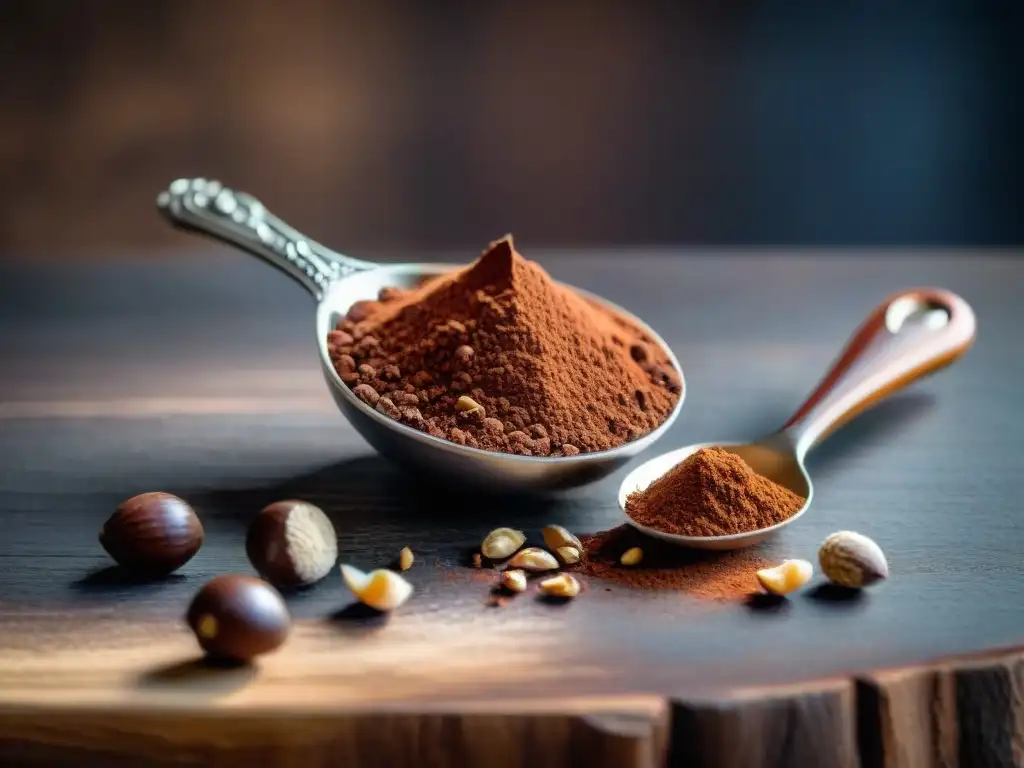 Detalle exquisito de un Gianduiotto, chocolate italiano delicioso, sobre mesa rústica con cacao esparcido y cuchara de plata vintage