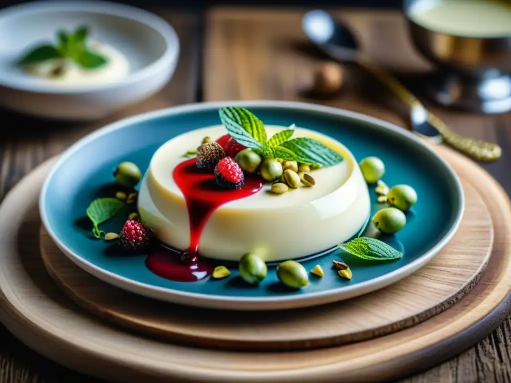 Detalle exquisito de una Panna Cotta con coulis de frutos rojos y pistachos en mesa de madera