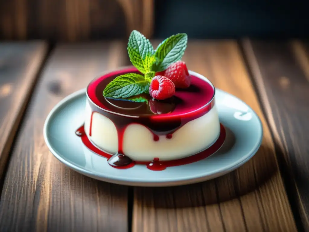 Detalle exquisito de Panna Cotta en un plato vintage, con coulis de frambuesa y menta fresca