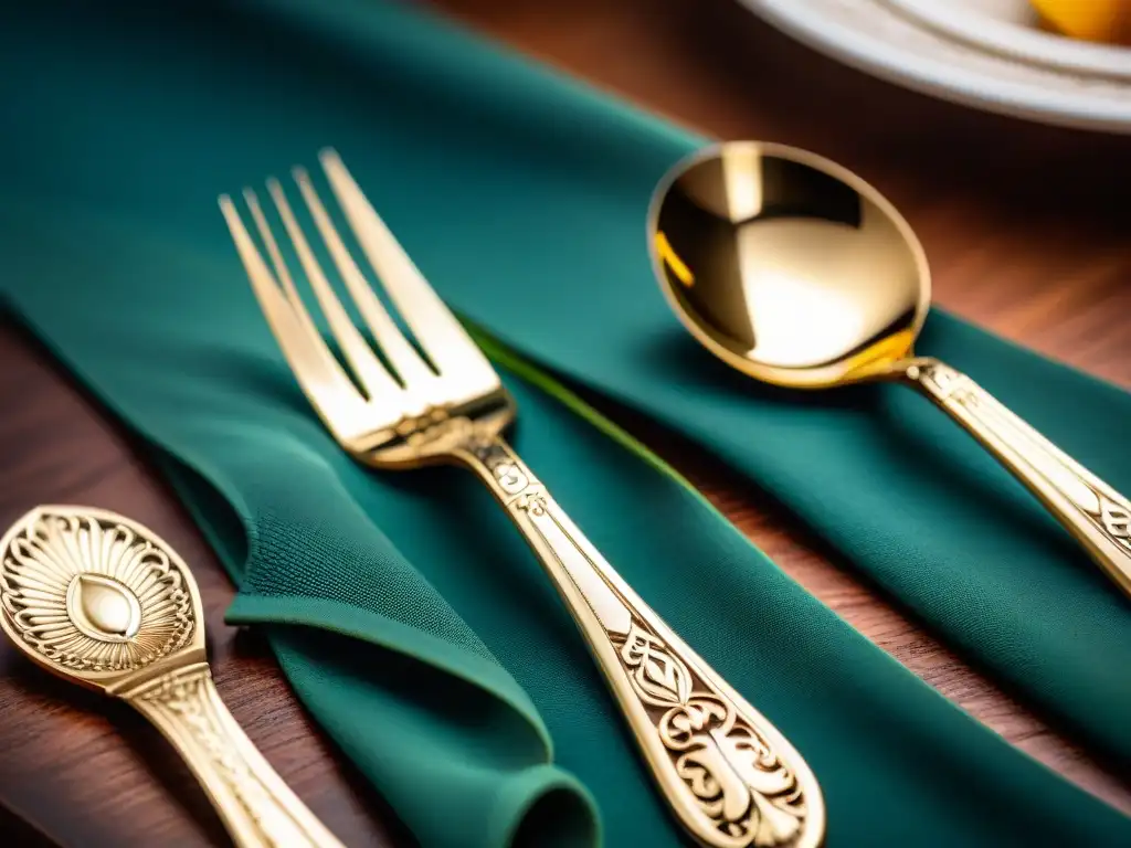 Detalle exquisito de cuberterías italianas de diseñador: tenedor curvo, cuchillo pulido y cuchara grabada, iluminación suave realza su belleza