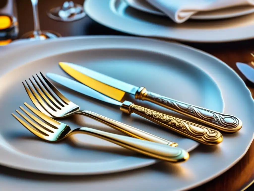 Detalle exquisito de cuberterías italianas de lujo brillando bajo luz suave en restaurante