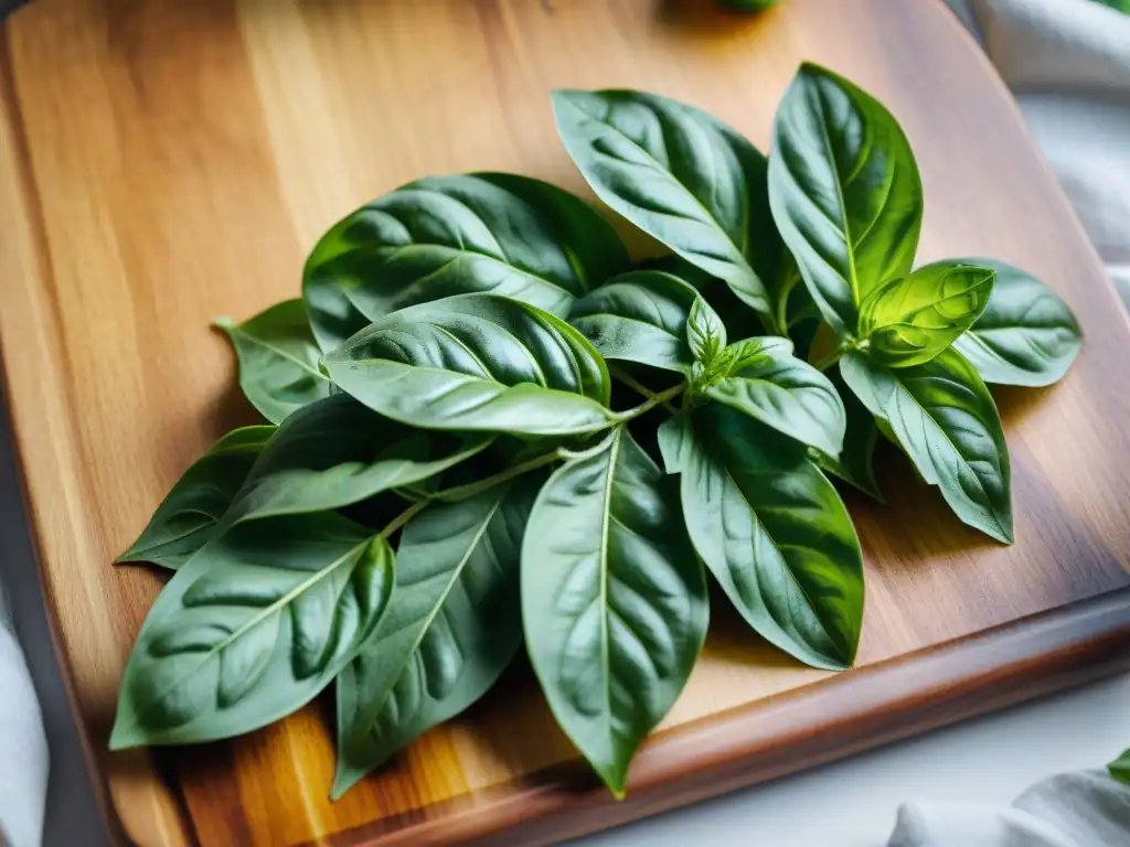 Detalle exquisito de hojas de albahaca fresca en patrón vibrante sobre tabla rústica de madera