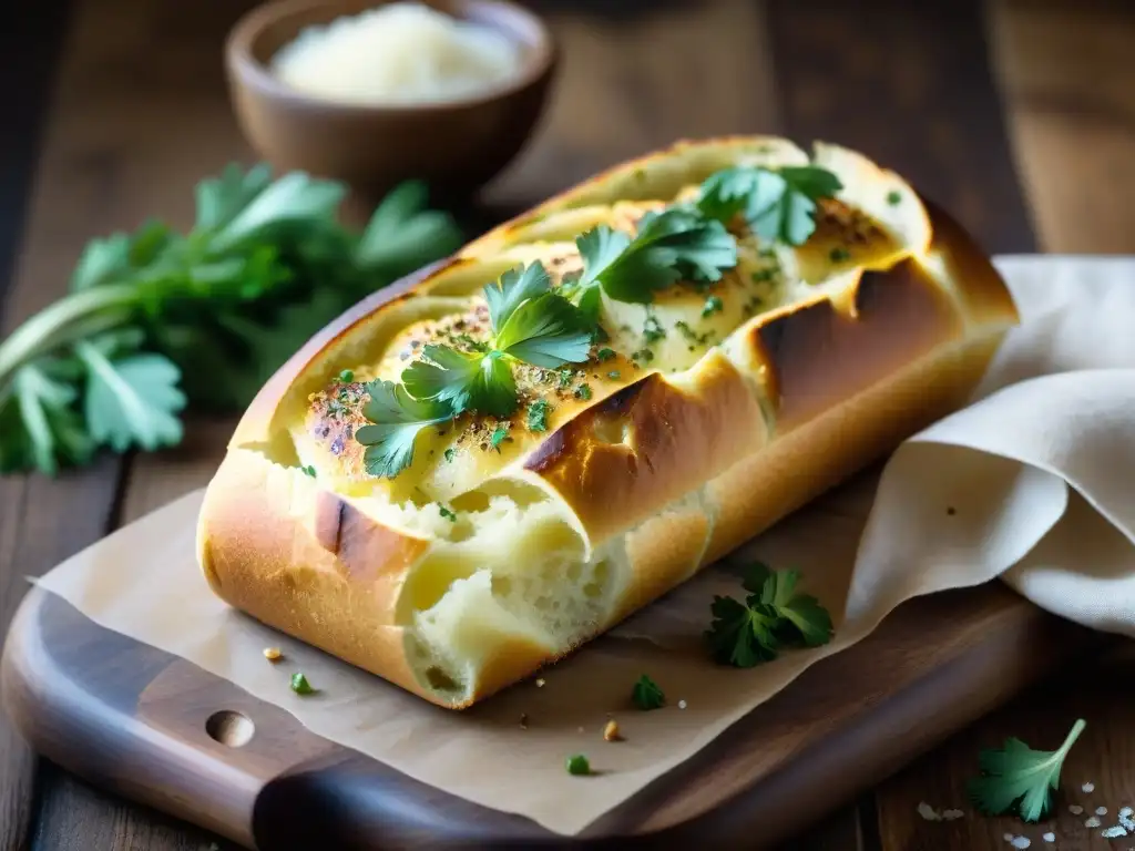Detalle de un exquisito pan de ajo italiano recién horneado, con una corteza dorada brillante y adornado con perejil y sal marina