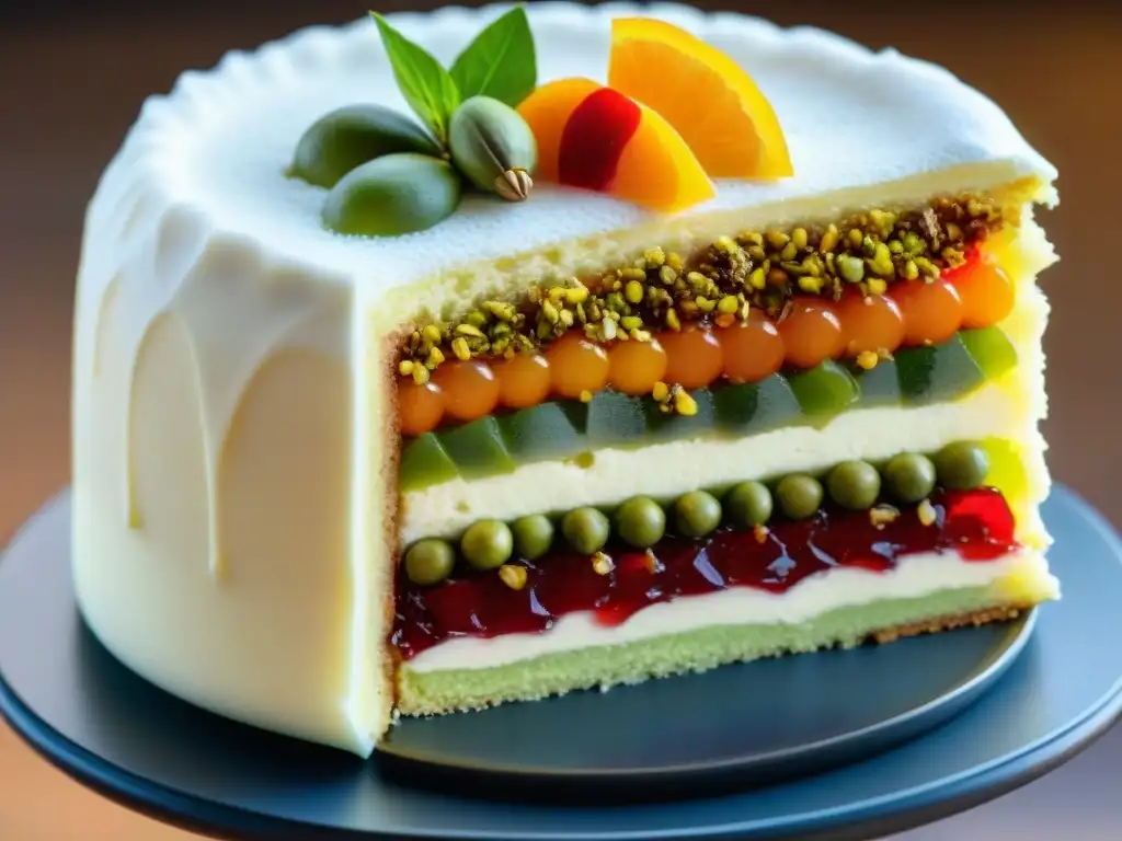 Detalle de un exquisito postre siciliano Cassata Siciliana, con capas de bizcocho, ricotta, frutas confitadas y mazapán, adornado con pistachos y ralladura de cítricos