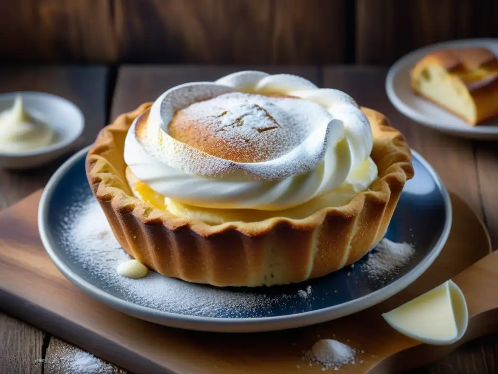 Detalle exquisito del maritozzo con panna receta tradicional: crema suave y jugosa sobre la corteza dorada, todo en un entorno rústico