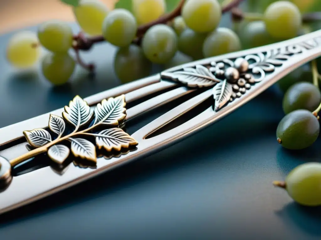 Detalle exquisito de tenedor de plata italiano, con grabados de viñas y ramas de olivo, reflejando la artesanía de la cubertería italiana diseño auténtico