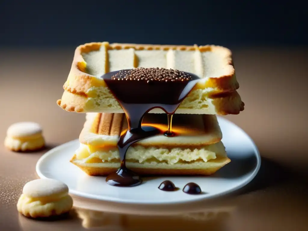 Detalle exquisito del tiramisú: un bizcocho se sumerge en café, fusionando sabores