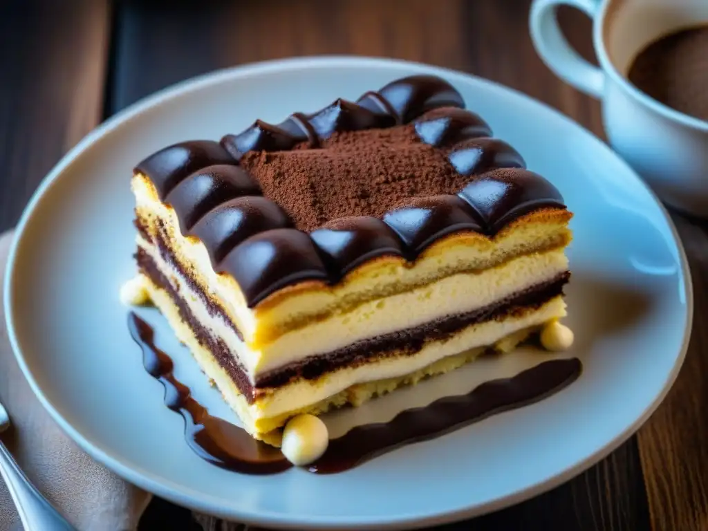 Detalle de un exquisito Tiramisú casero con capas de bizcochos de café, crema mascarpone y cacao en polvo, sobre plato blanco, en mesa de madera